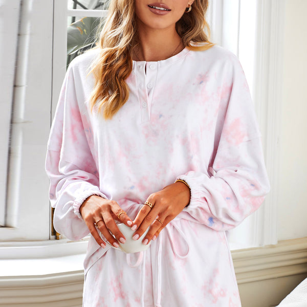 Yocwear Button Down Tie-Dye Drawstring Shorts Loungewear Set