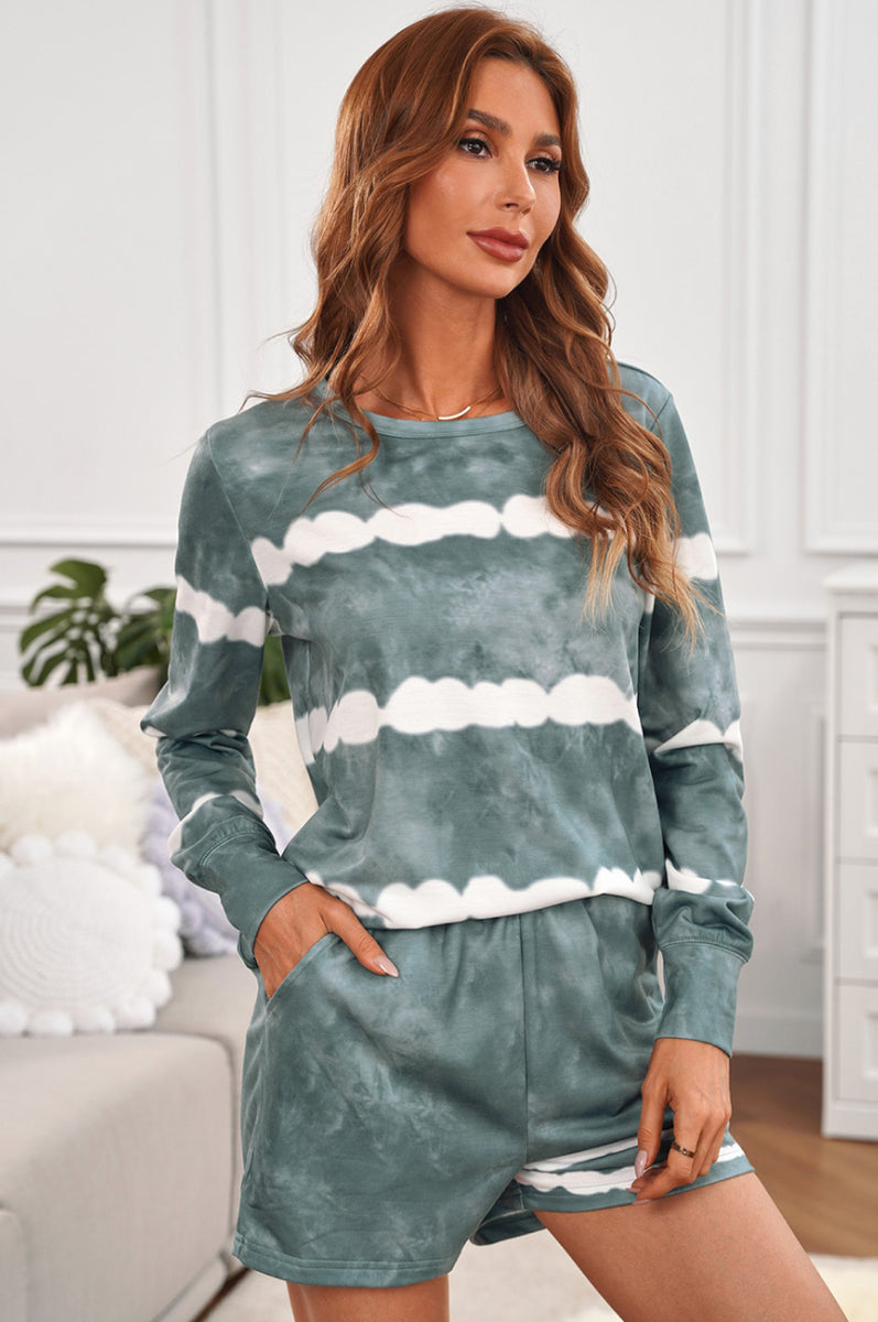 Yocwear Stripes Tie-Dye Long Sleeve Shorts Lounge Set