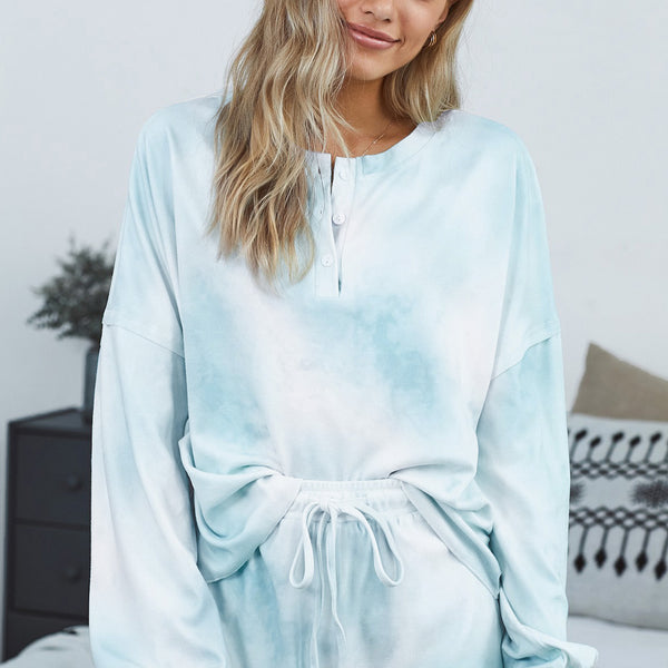 Yocwear Button Down Tie-Dye Drawstring Shorts Loungewear Set