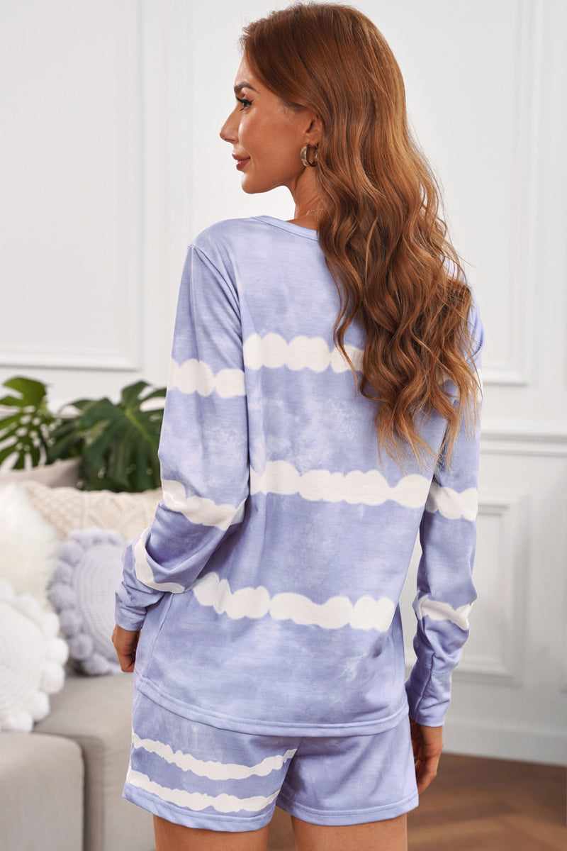 Yocwear Stripes Tie-Dye Long Sleeve Shorts Lounge Set
