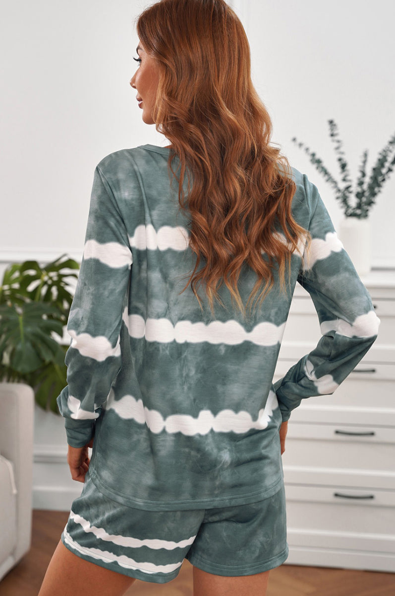 Yocwear Stripes Tie-Dye Long Sleeve Shorts Lounge Set