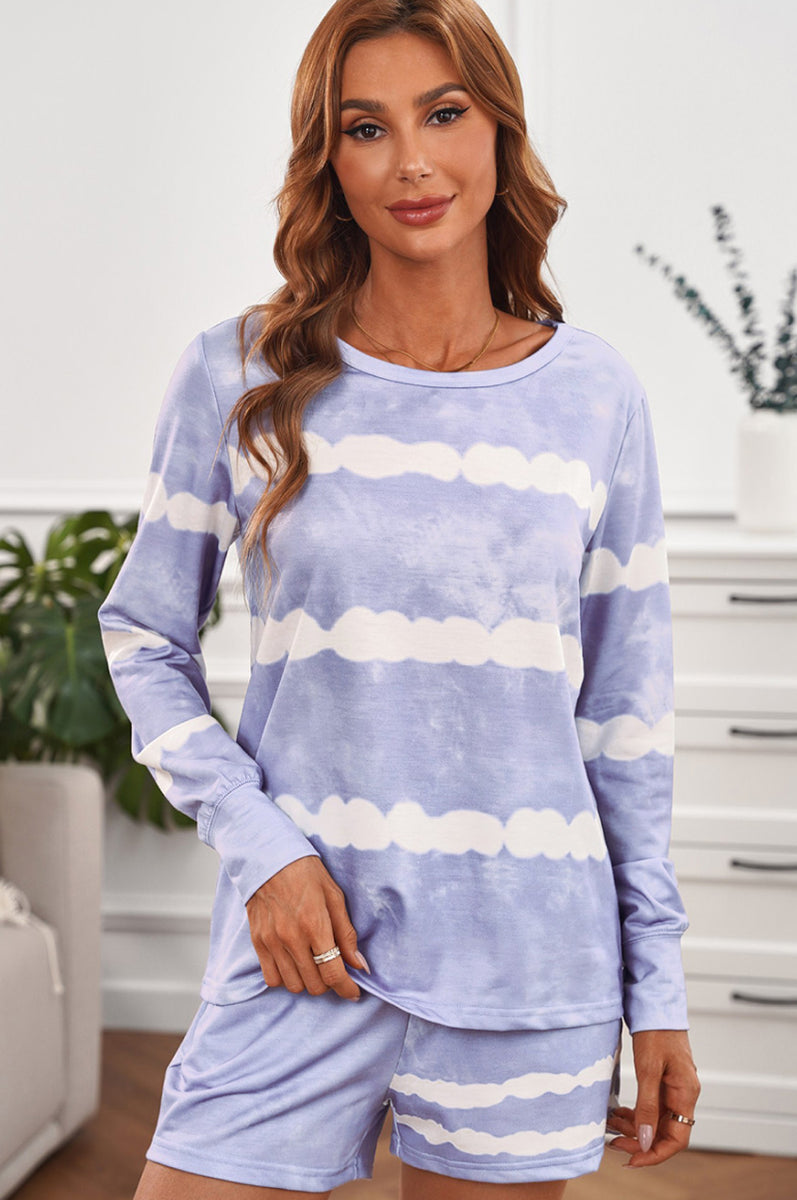 Yocwear Stripes Tie-Dye Long Sleeve Shorts Lounge Set
