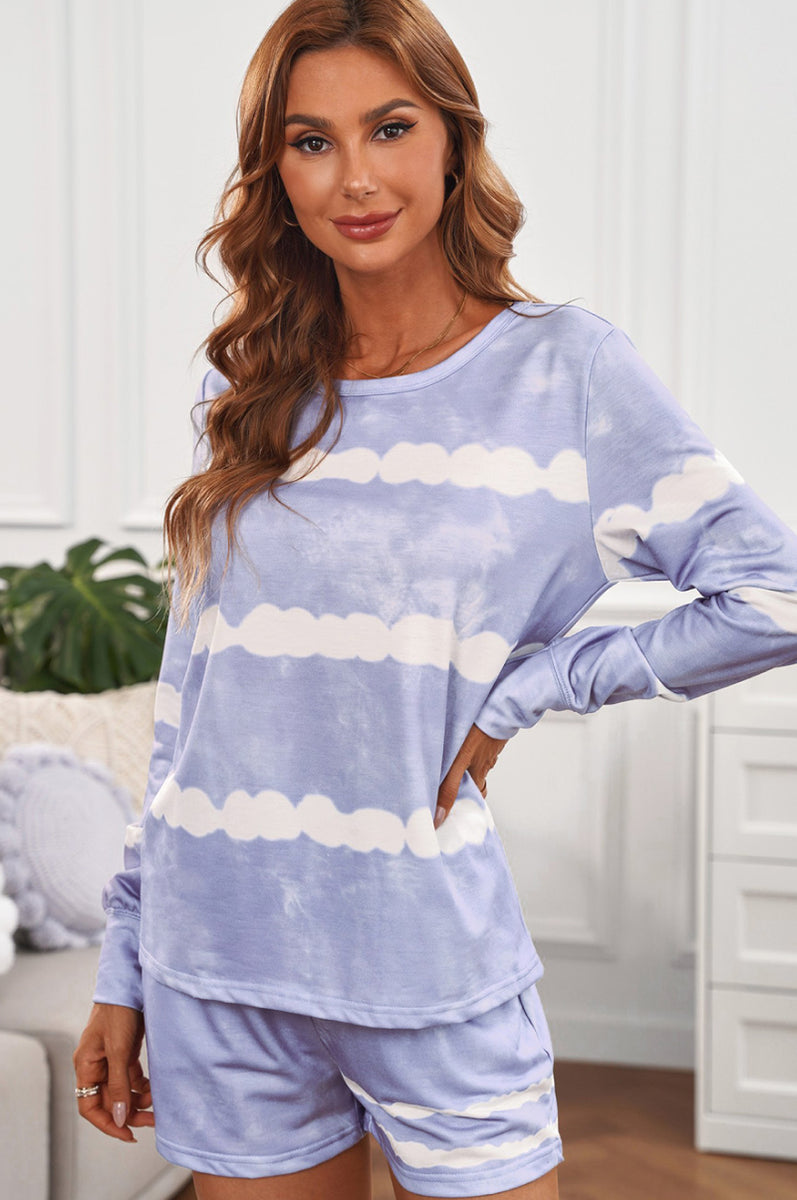 Yocwear Stripes Tie-Dye Long Sleeve Shorts Lounge Set