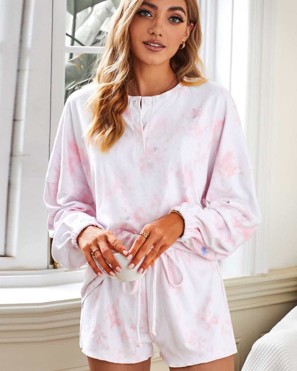 Yocwear Button Down Tie-Dye Drawstring Shorts Loungewear Set