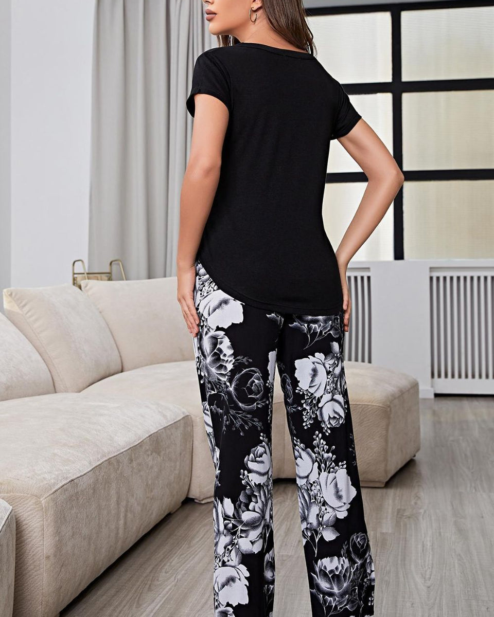 Yocwear Black V-Neck Top and Floral Pants Lounge Set