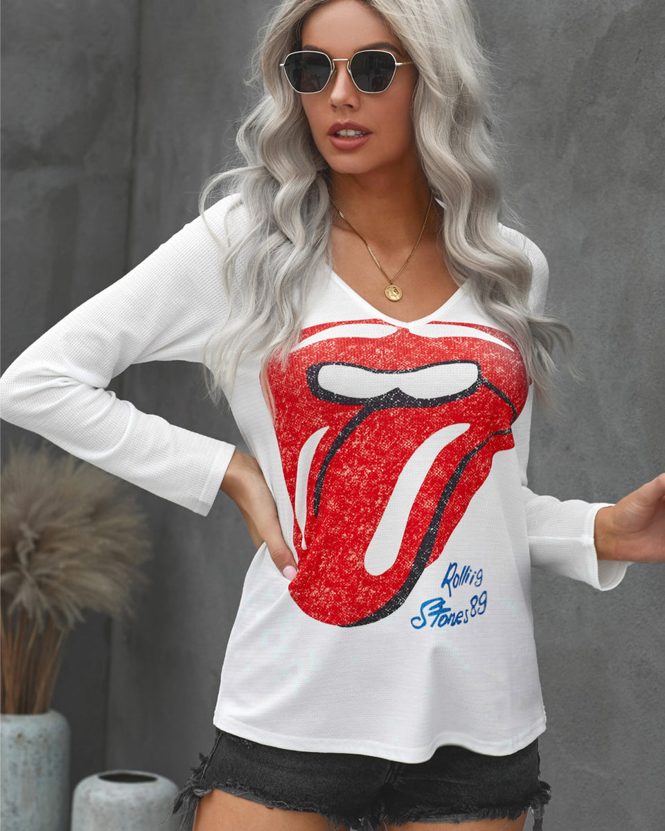 Yocwear Big Lips Print V-neck T-Shirt