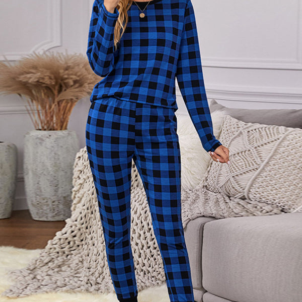 Yocwear Two Color Plaid Long-sleeved Top and Pants Pajama Set