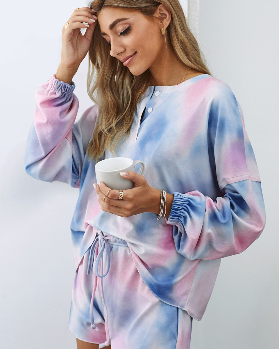 Yocwear Button Down Tie-Dye Drawstring Shorts Loungewear Set