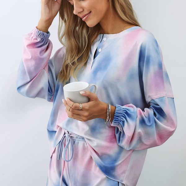 Yocwear Button Down Tie-Dye Drawstring Shorts Loungewear Set