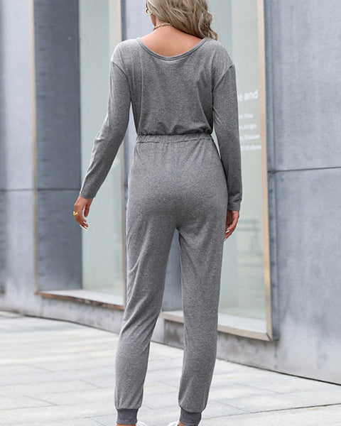Yocwear Simple Basic Long Sleeve Grey Drawstring Jumpsuit