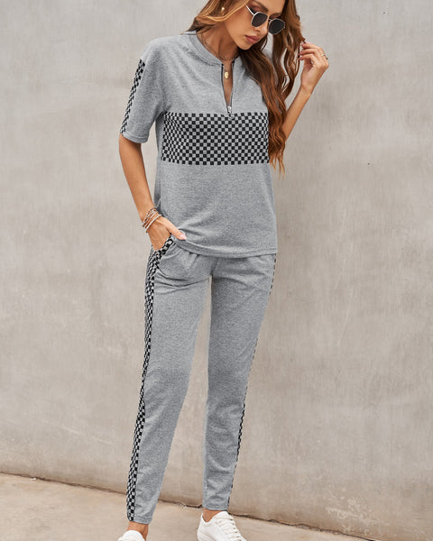 Yocwear Plaid Detailed Short Sleeve Top and Pants Lounge Set