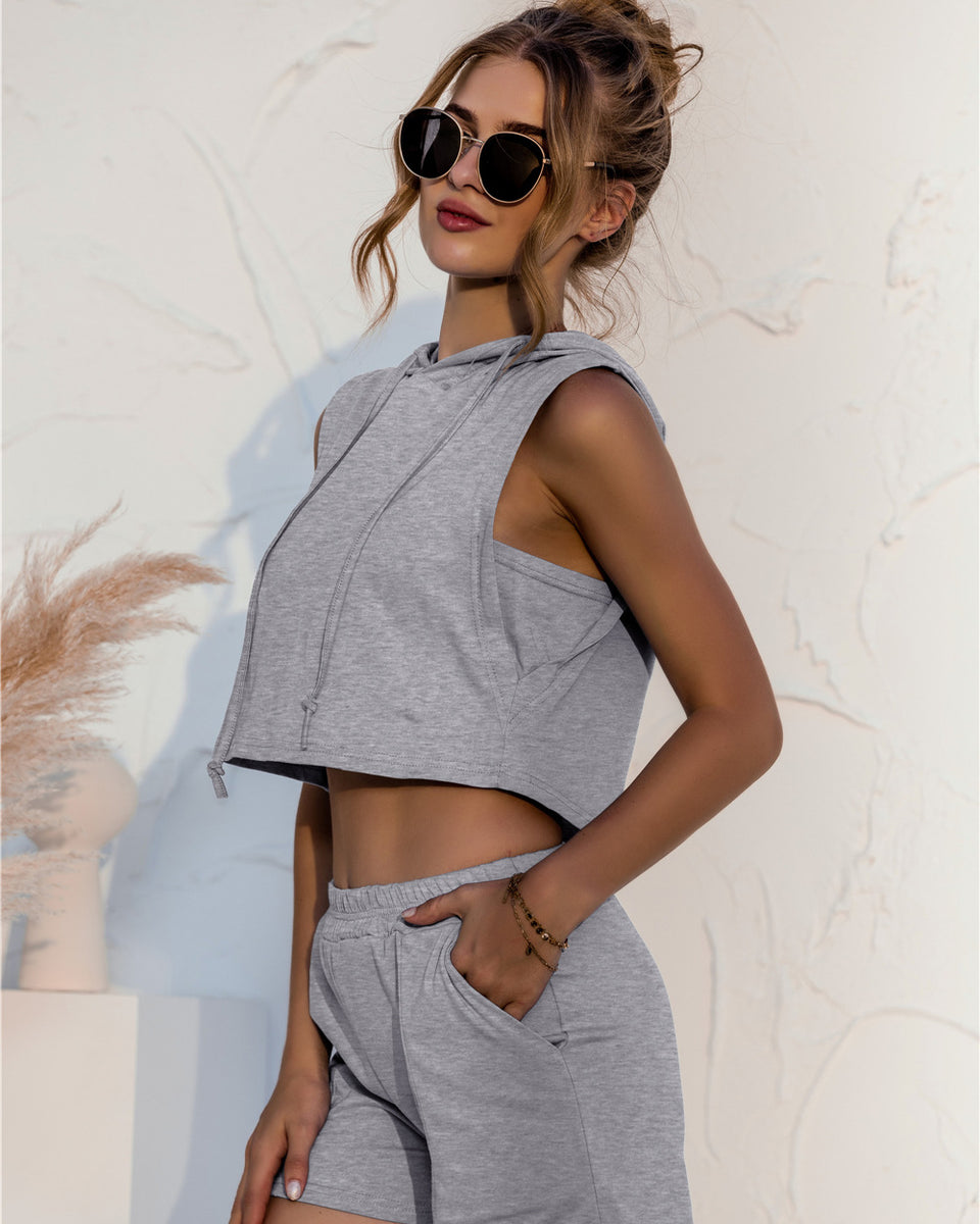 Yocwear Sleeveless Crop Top Hood and Shorts Set