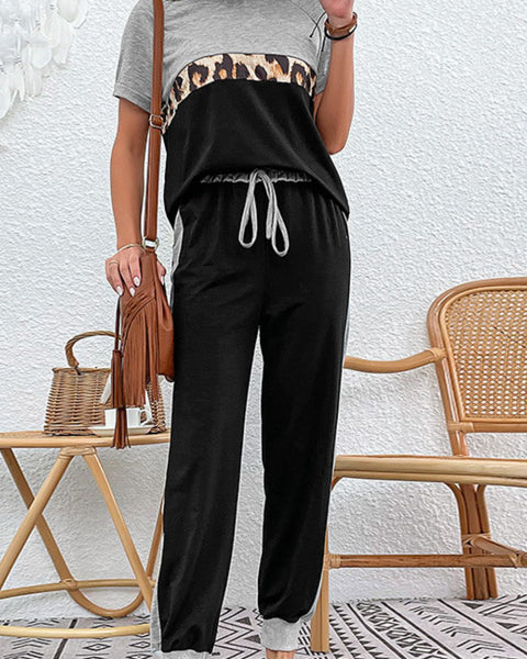 Yocwear Animal Print Two-toned Top and Drawstring Pants Set
