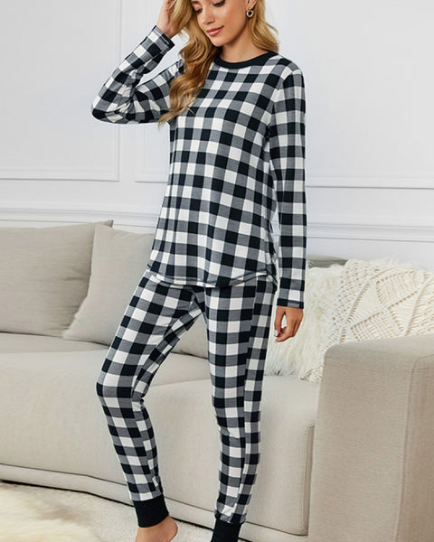Yocwear Two Color Plaid Long-sleeved Top and Pants Pajama Set