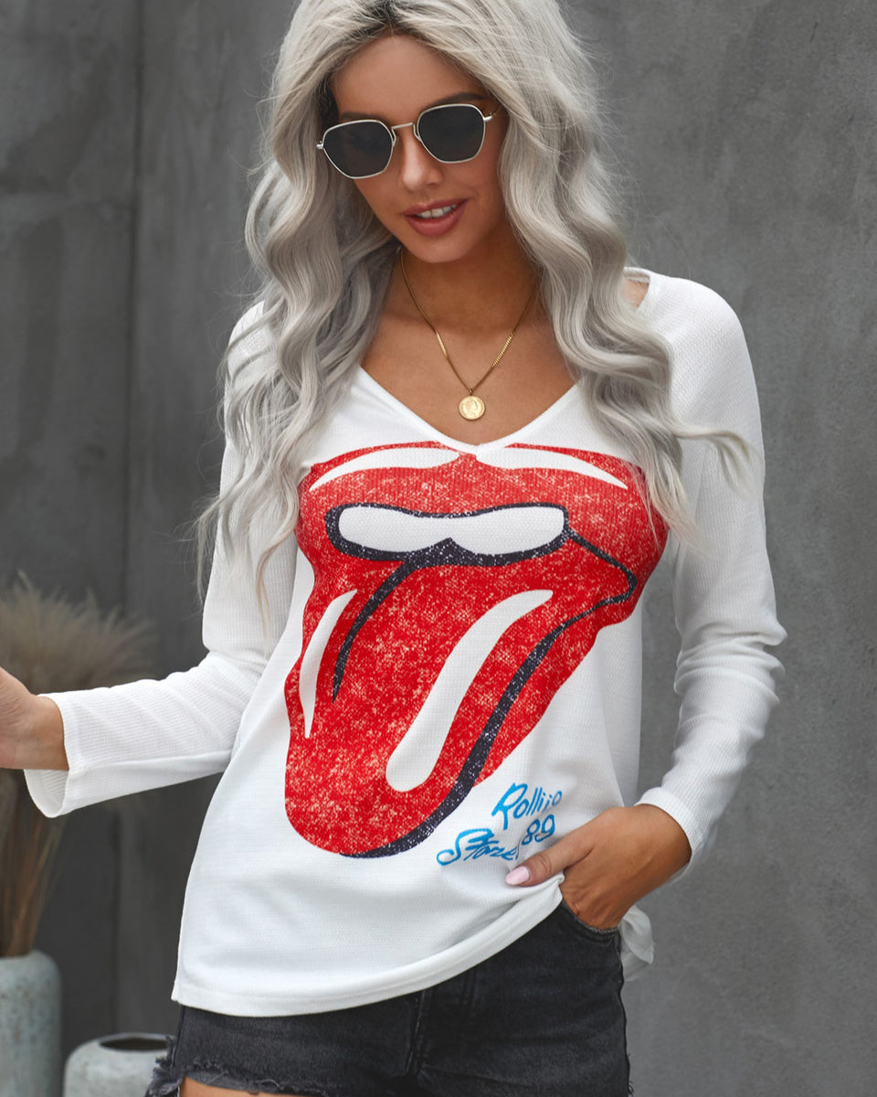 Yocwear Big Lips Print V-neck T-Shirt