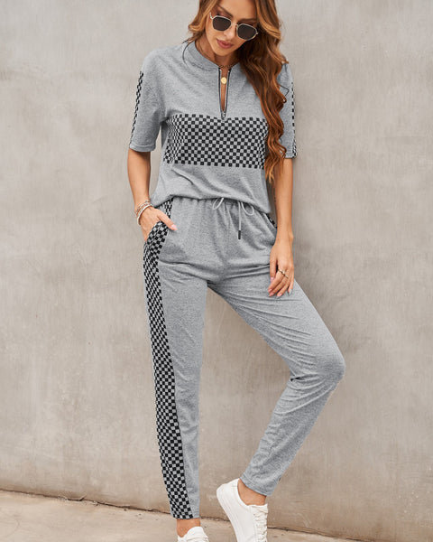 Yocwear Plaid Detailed Short Sleeve Top and Pants Lounge Set