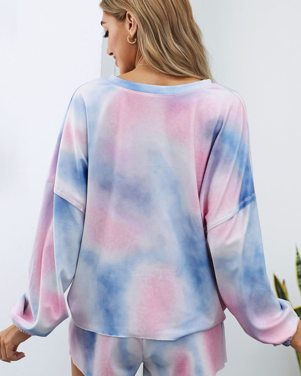 Yocwear Button Down Tie-Dye Drawstring Shorts Loungewear Set