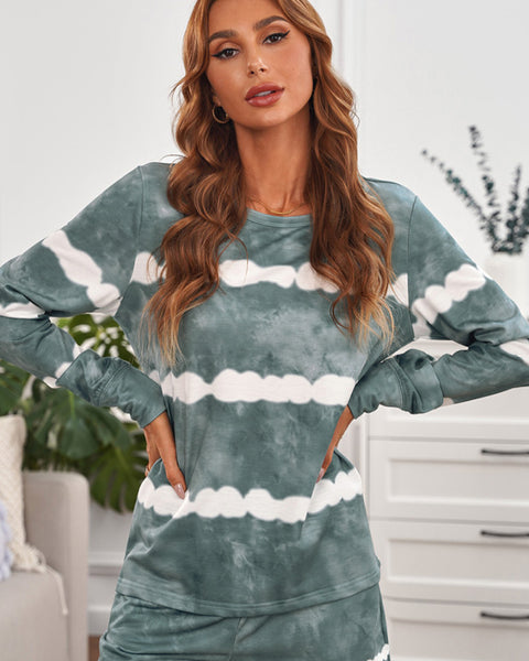 Yocwear Stripes Tie-Dye Long Sleeve Shorts Lounge Set