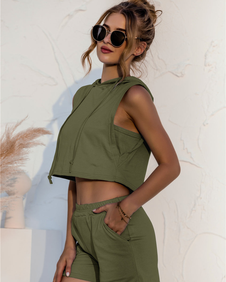 Yocwear Sleeveless Crop Top Hood and Shorts Set
