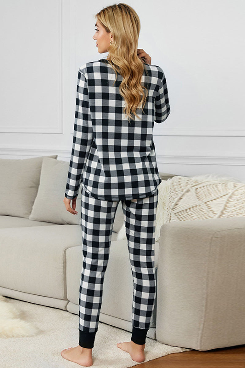 Yocwear Two Color Plaid Long-sleeved Top and Pants Pajama Set