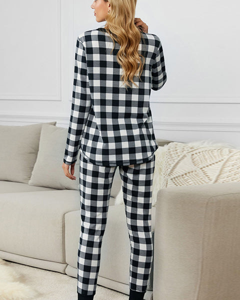 Yocwear Two Color Plaid Long-sleeved Top and Pants Pajama Set