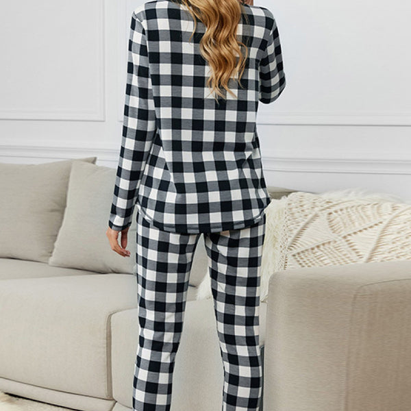 Yocwear Two Color Plaid Long-sleeved Top and Pants Pajama Set