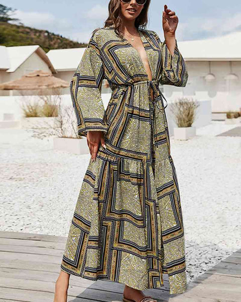 Yocwear Long Abstract Squares Print Drawstring Tie Cover-Up
