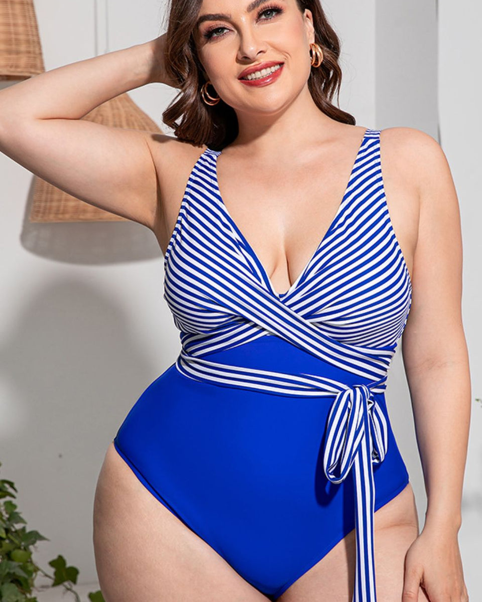 Yocwear Cross Tie-waist Striped Swimsuit