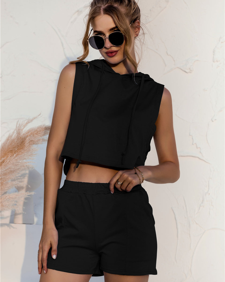 Yocwear Sleeveless Crop Top Hood and Shorts Set
